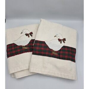 R. A. Briggs Christmas Goose Duck 2 Bath‎ Towels Red Green Gold Plaid Ivory VTG